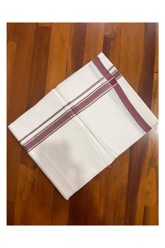 Pure White Kerala Double Mundu with Silver Kasavu and Maroon Kara (South Indian Kerala Dhoti)