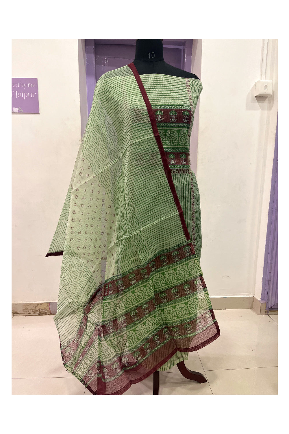 Southloom™ Kota Fabric Churidar Salwar Suit Material in Green with Maroon Bottom