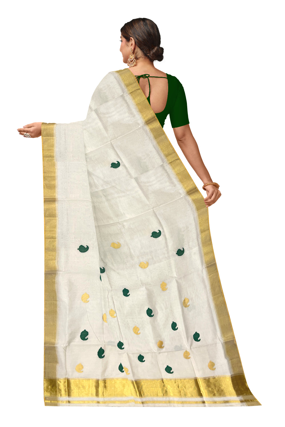 Southloom Super Premium Balaramapuram Unakkupaavu Handloom Kasavu Saree with and Green and Golden Paisley Woven Designs on Border