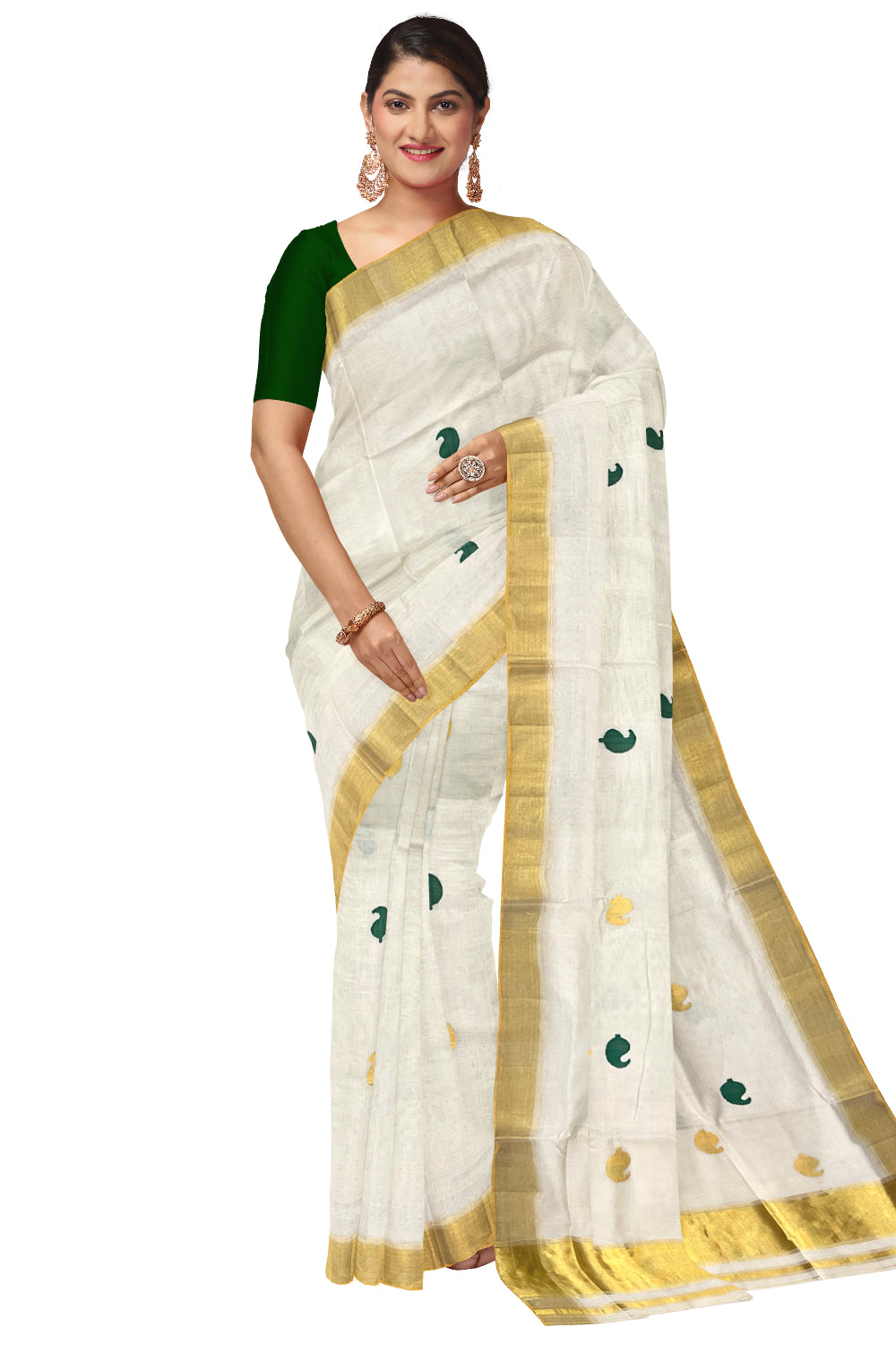 Southloom Super Premium Balaramapuram Unakkupaavu Handloom Kasavu Saree with and Green and Golden Paisley Woven Designs on Border