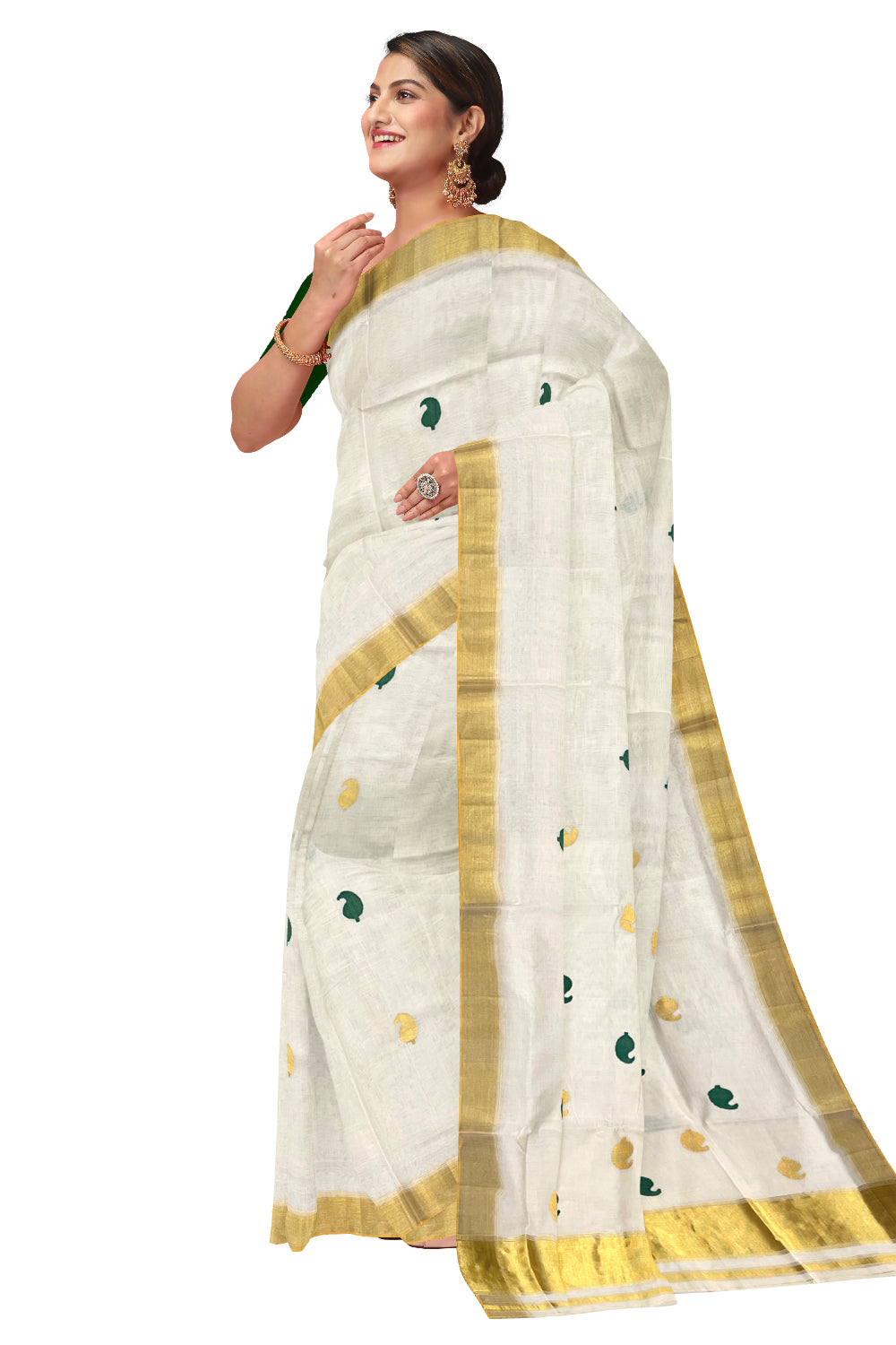 Southloom Super Premium Balaramapuram Unakkupaavu Handloom Kasavu Saree with and Green and Golden Paisley Woven Designs on Border