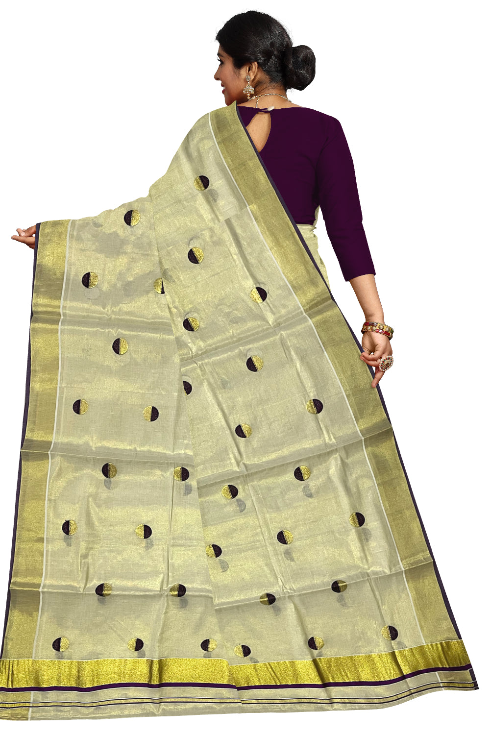 Kerala Tissue Kasavu Saree with Purple Semi Polka Woven Designs and Tassels Works