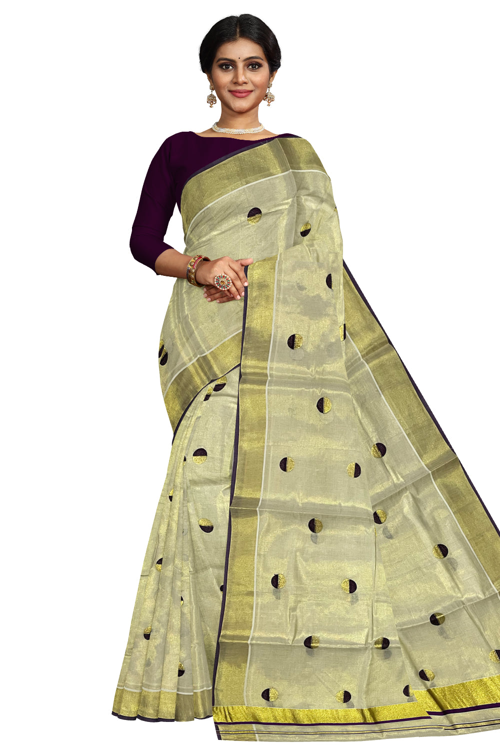 Kerala Tissue Kasavu Saree with Purple Semi Polka Woven Designs and Tassels Works