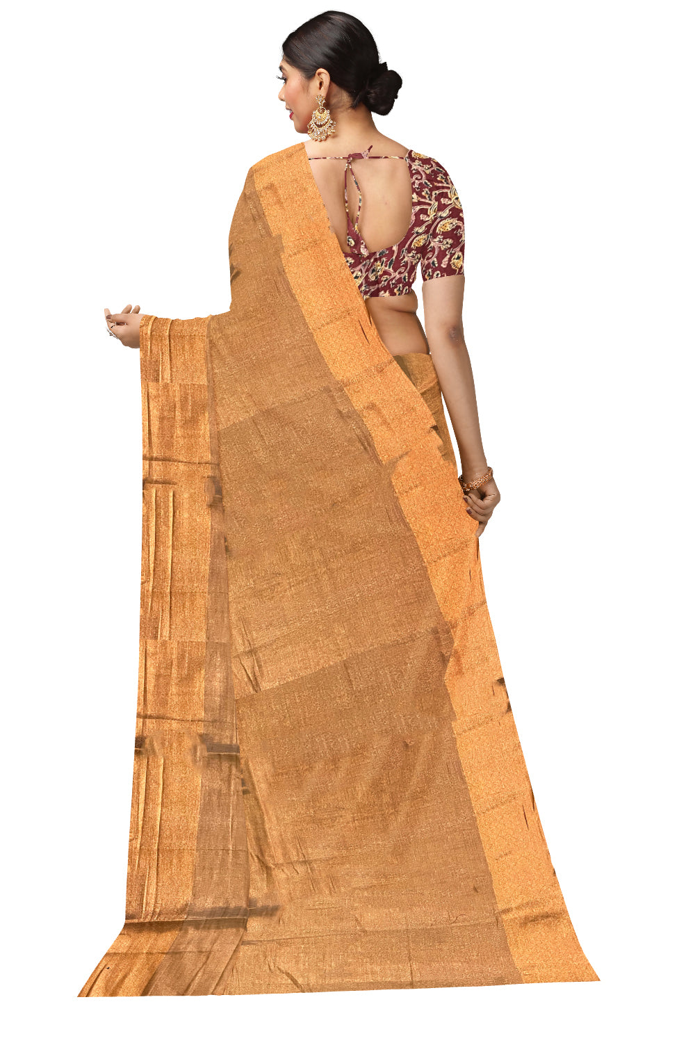 Southloom Brown Tissue Plain Saree with Kalamkari Printed Blouse Piece