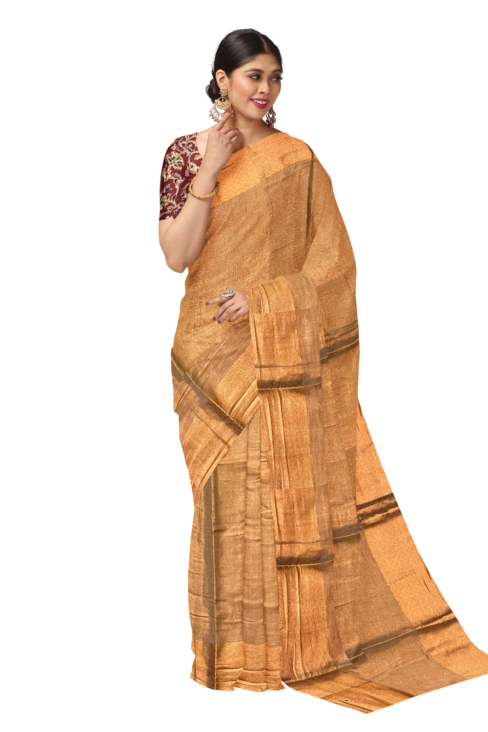 Southloom Brown Tissue Plain Saree with Kalamkari Printed Blouse Piece