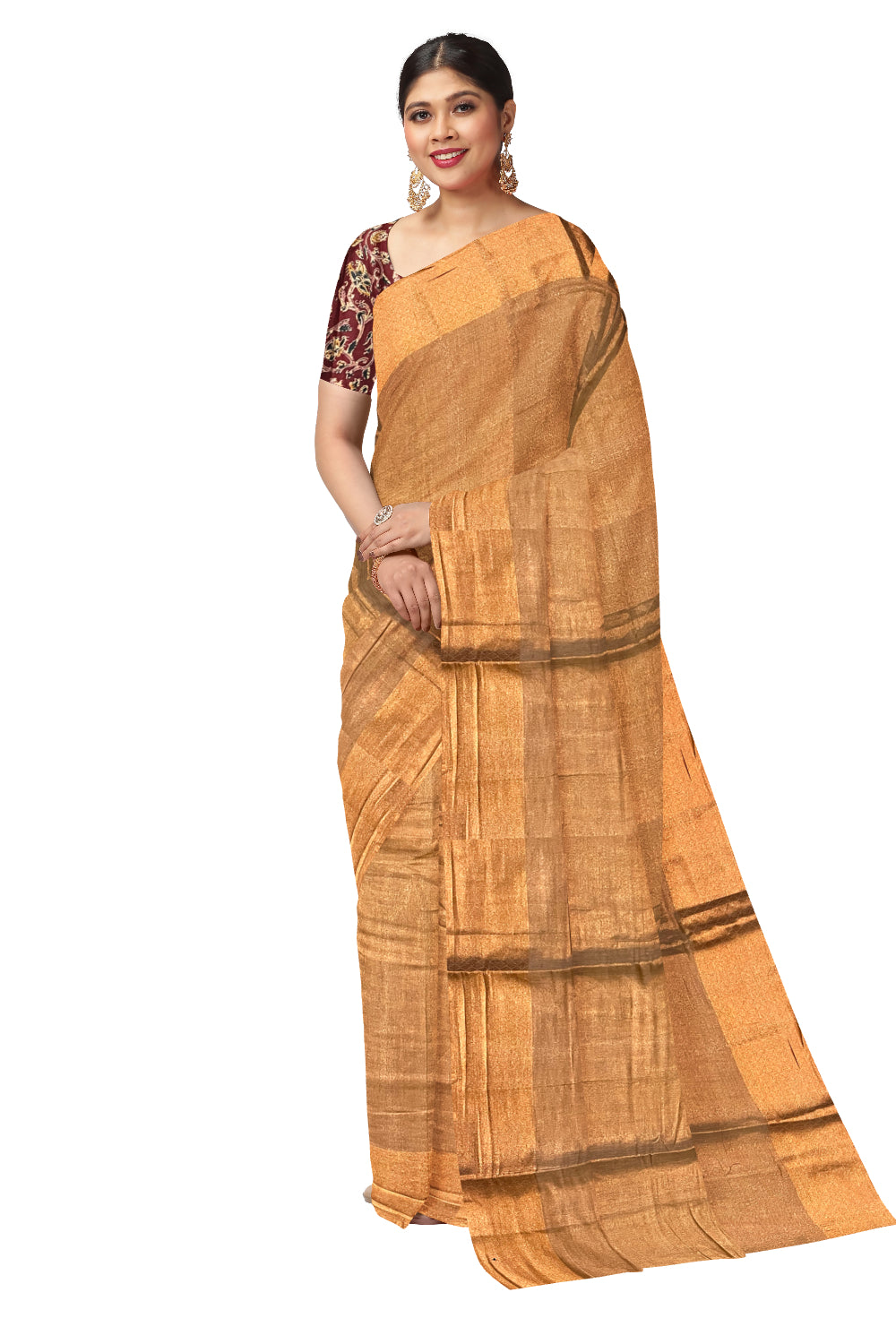 Southloom Brown Tissue Plain Saree with Kalamkari Printed Blouse Piece