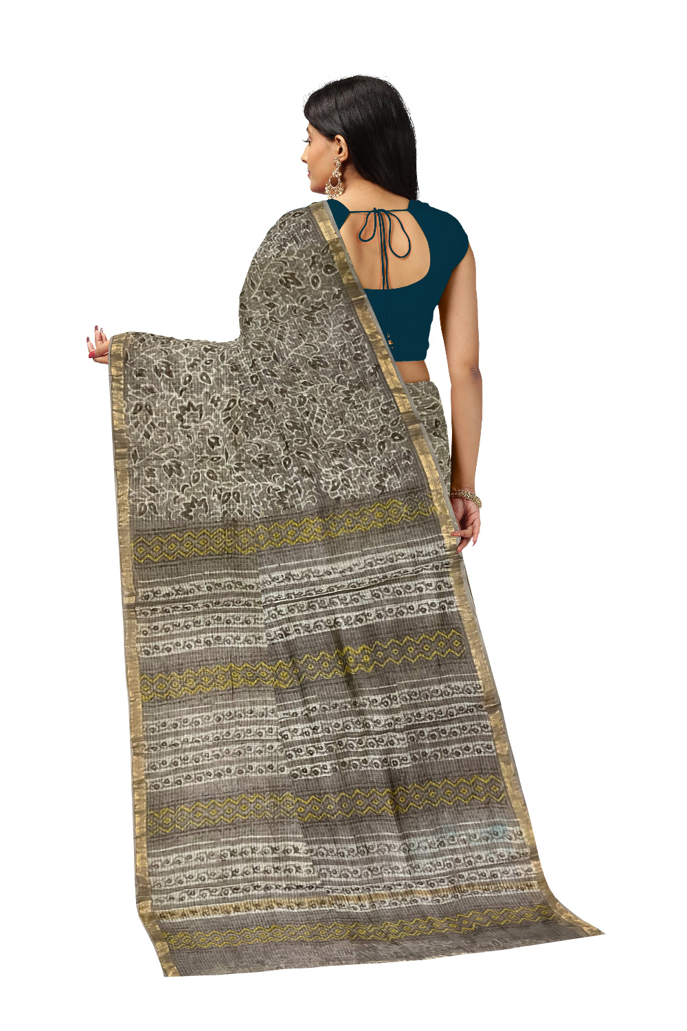 Southloom Kota Fabric Floral Printed Grey Saree