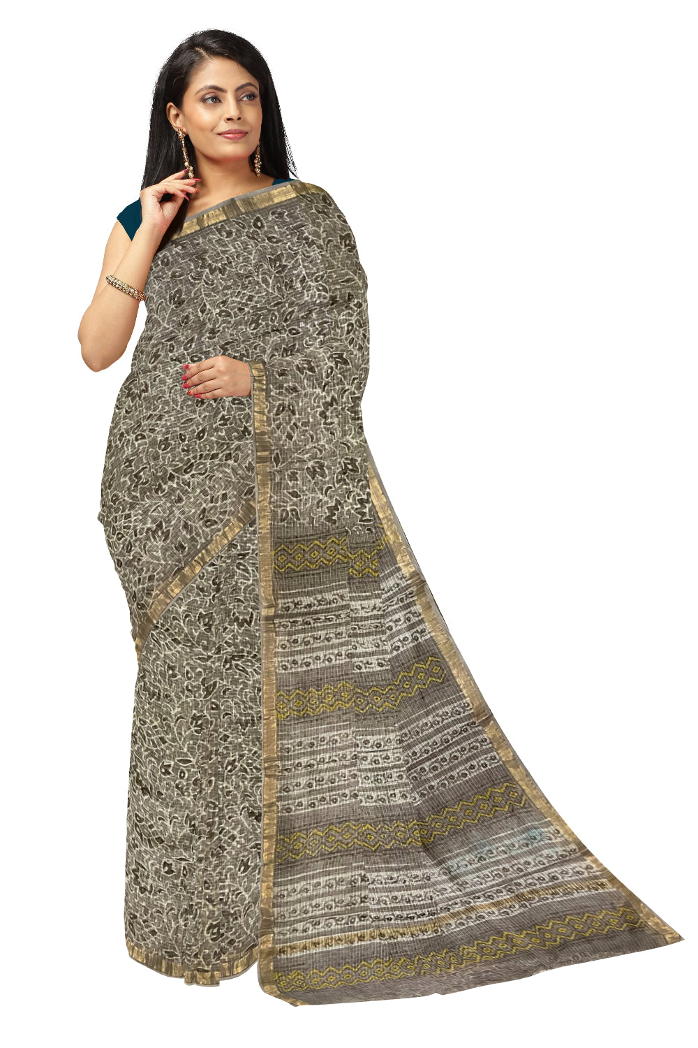 Southloom Kota Fabric Floral Printed Grey Saree