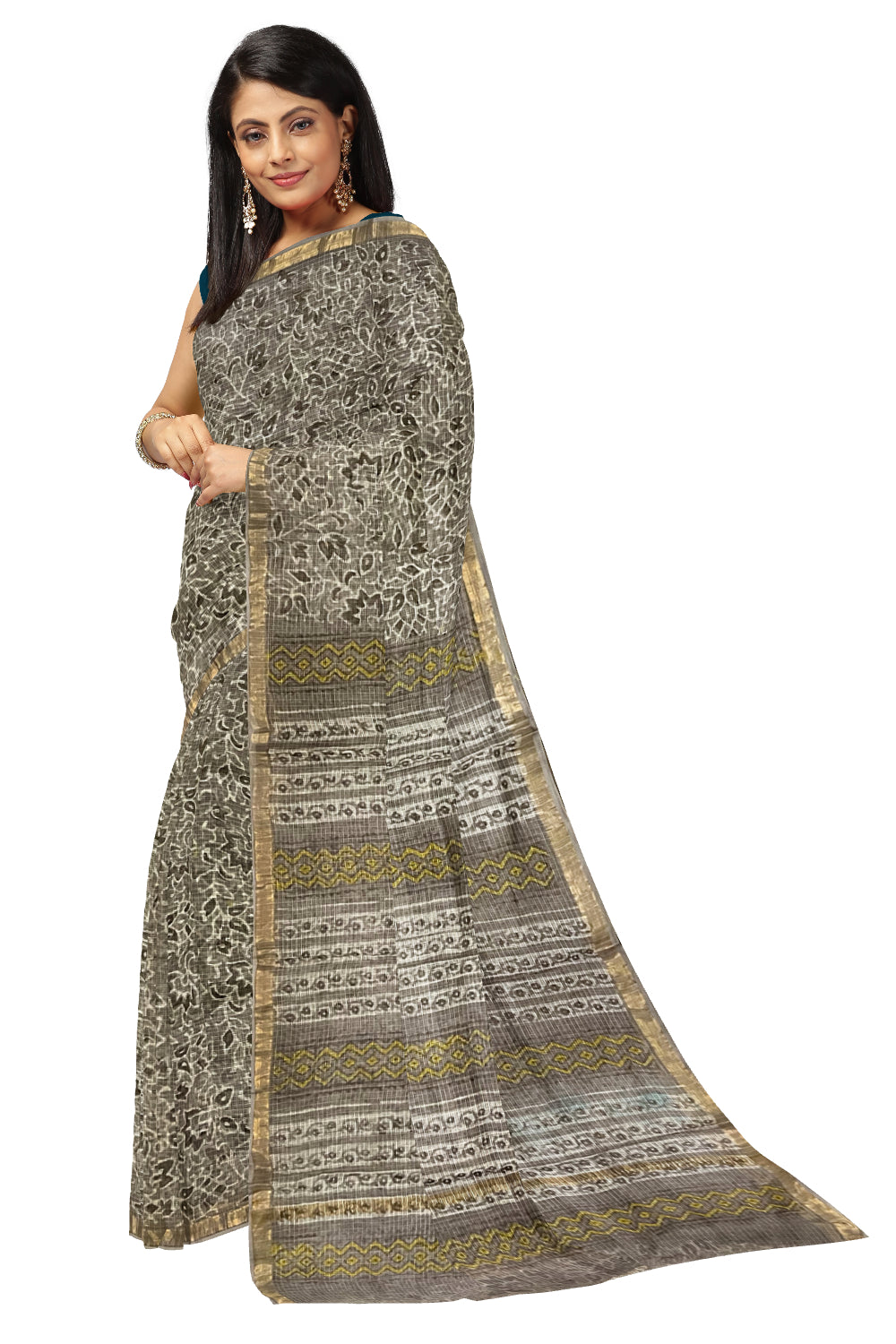 Southloom Kota Fabric Floral Printed Grey Saree