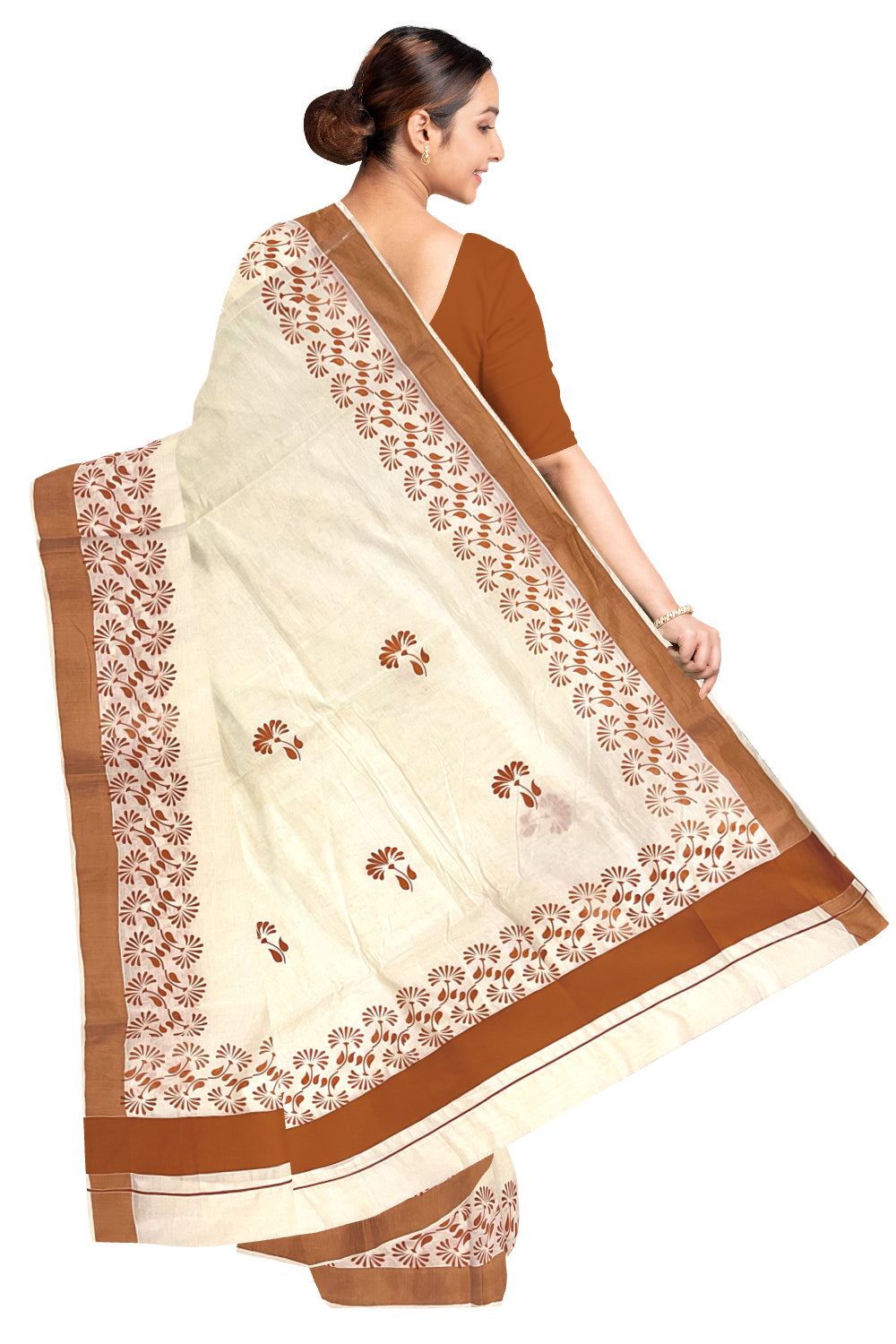 Kerala Pure Cotton Saree with Orange Block Prints on Border