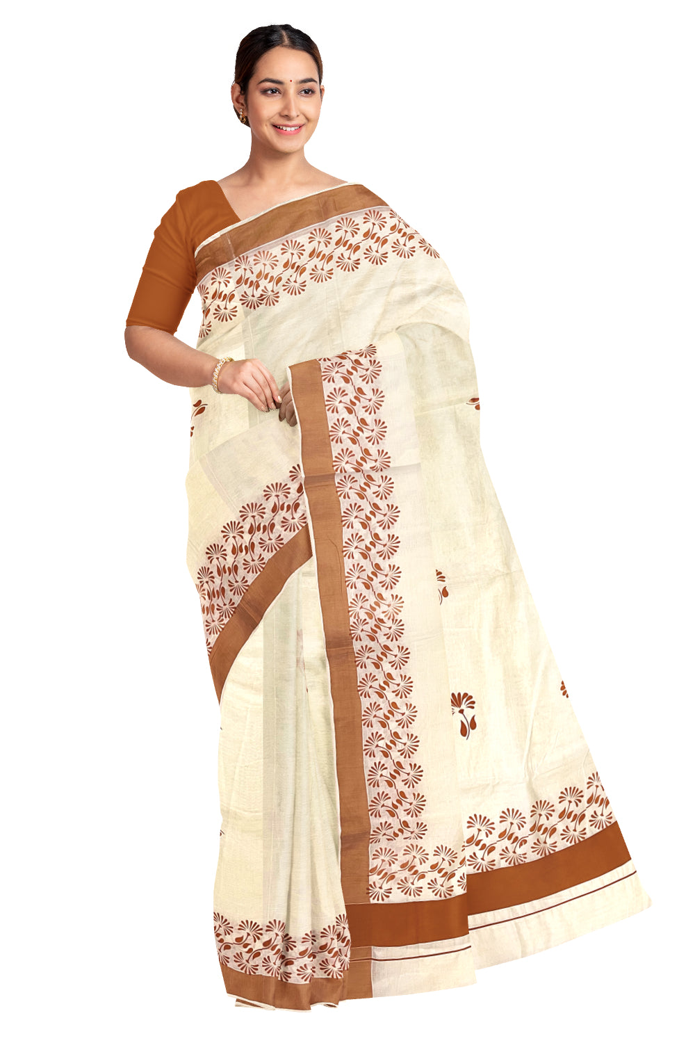 Kerala Pure Cotton Saree with Orange Block Prints on Border