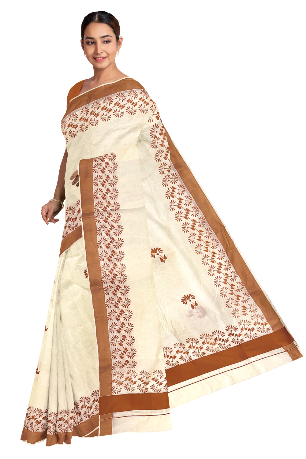 Kerala Pure Cotton Saree with Orange Block Prints on Border