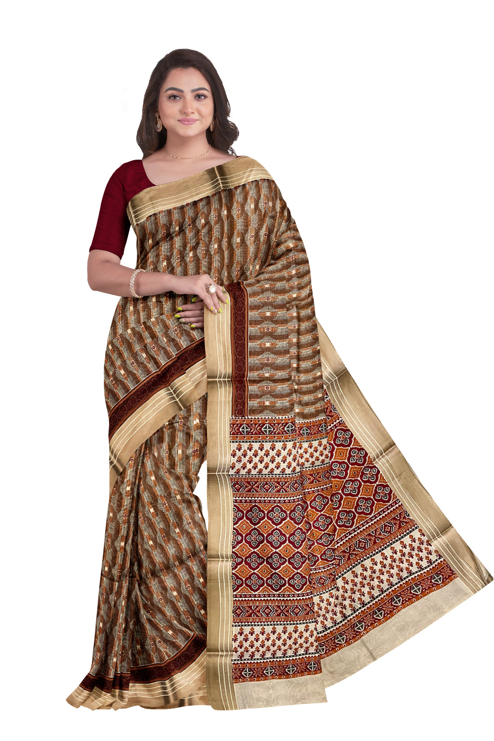 Southloom Brown Cotton Saree with Woven Patterns on Body