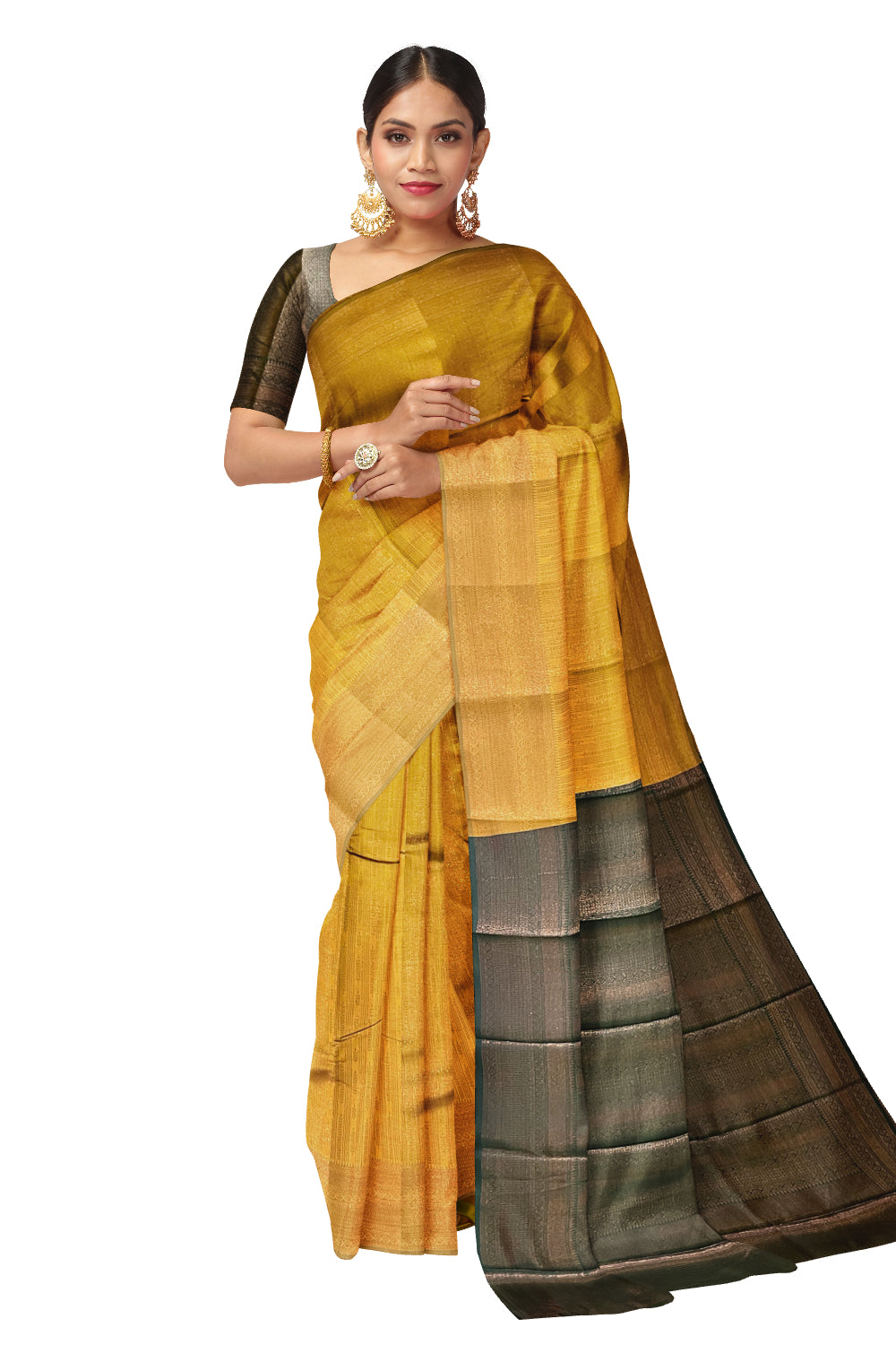 Southloom Art Silk Yellow Designer Woven Saree with Green Pallu