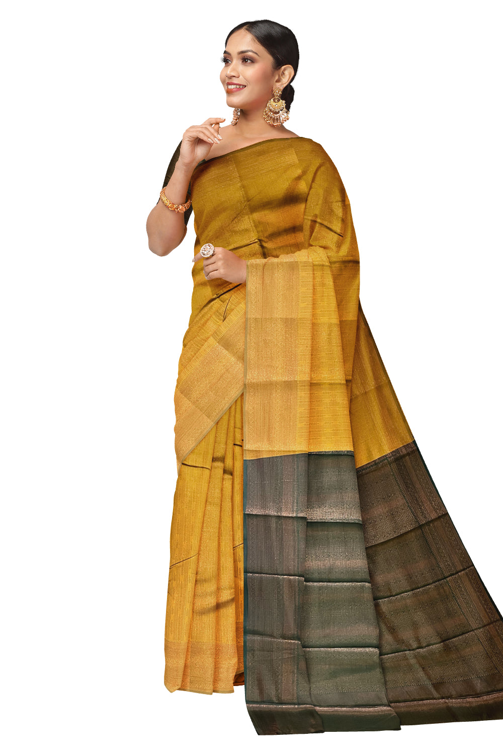 Southloom Art Silk Yellow Designer Woven Saree with Green Pallu