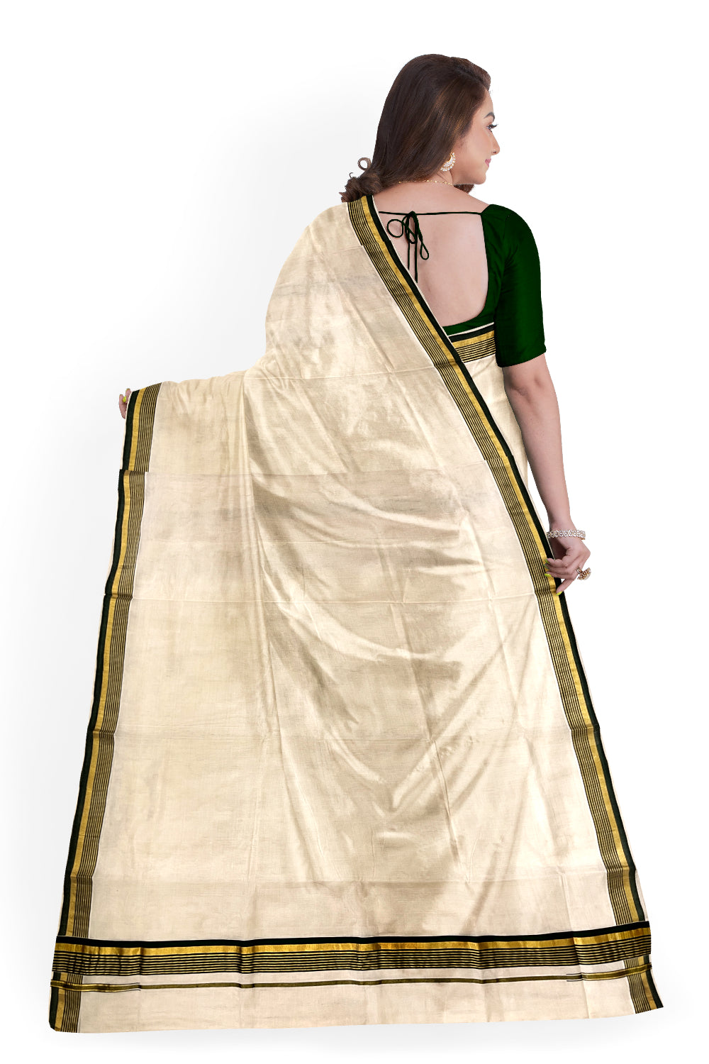 Southloom™ Premium Handloom Kerala Saree with Green and Kasavu Border