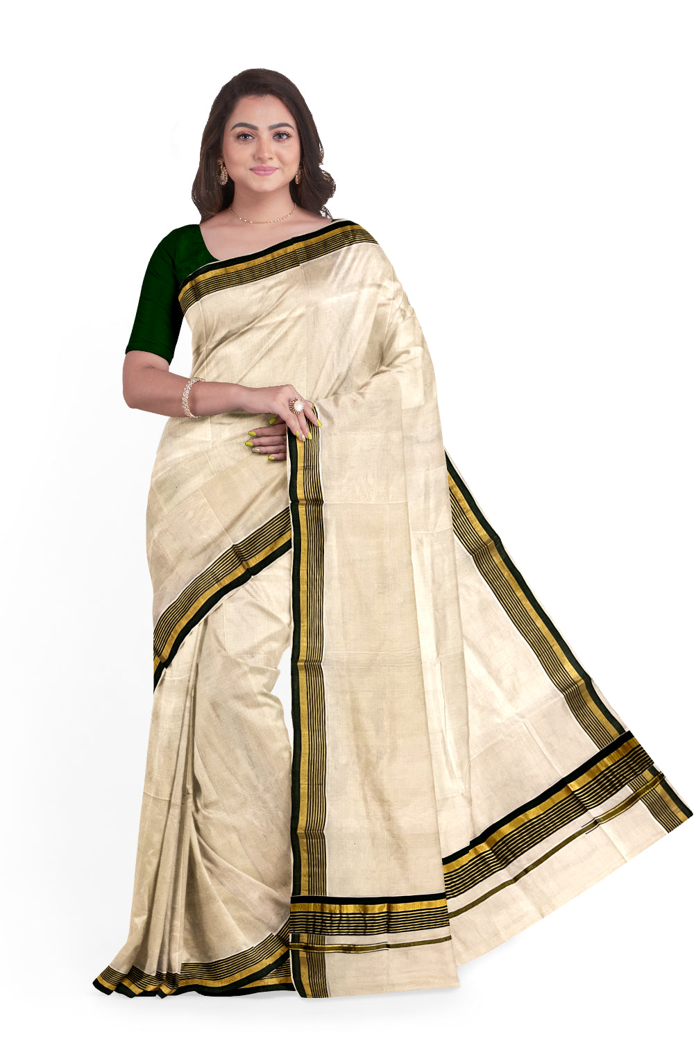 Southloom™ Premium Handloom Kerala Saree with Green and Kasavu Border