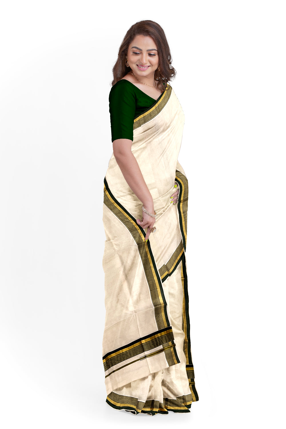 Southloom™ Premium Handloom Kerala Saree with Green and Kasavu Border