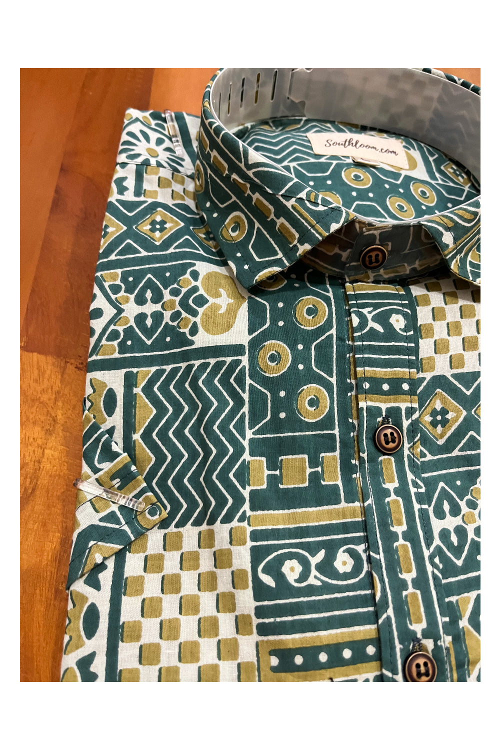 Southloom Jaipur Cotton Green Hand Block Printed Shirt (Half Sleeves)