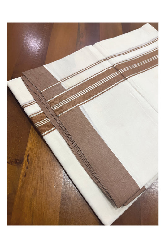 Pure White Cotton Double Mundu with Brown and Silver Kasavu Border (South Indian Kerala Dhoti)