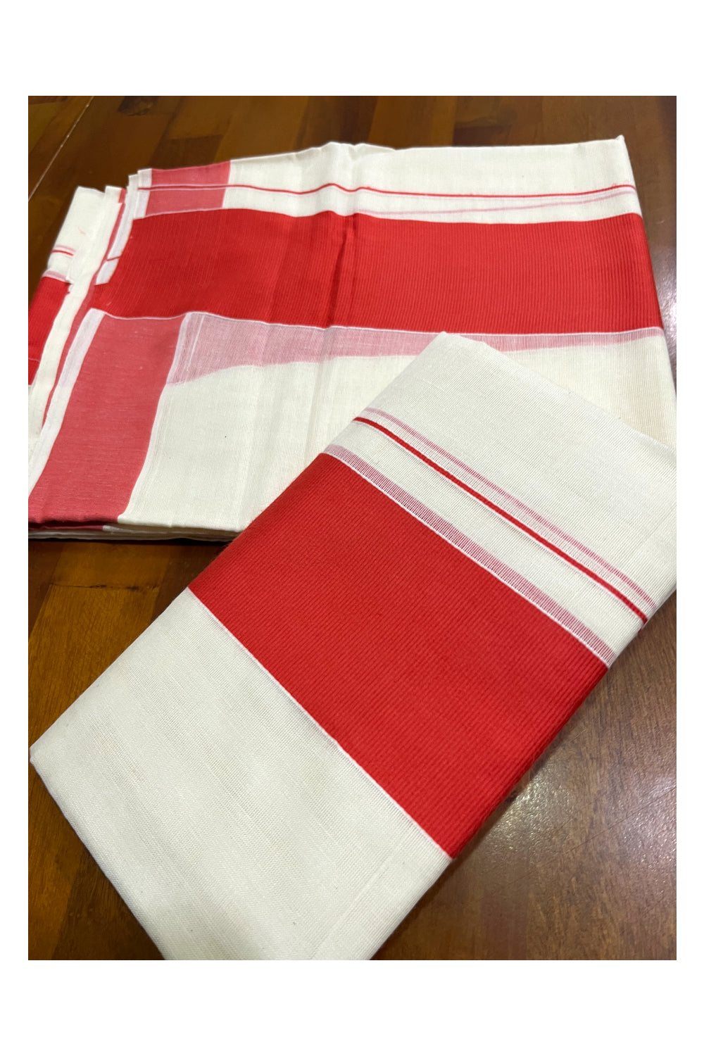 Kerala Cotton Mundum Neriyathum Single (Set Mundu) with Orange Border 2.80 Mtrs