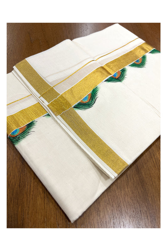 Pure Cotton Kasavu Mundu with Mural Hand Painted Feather Design (South Indian Kerala Dhoti)