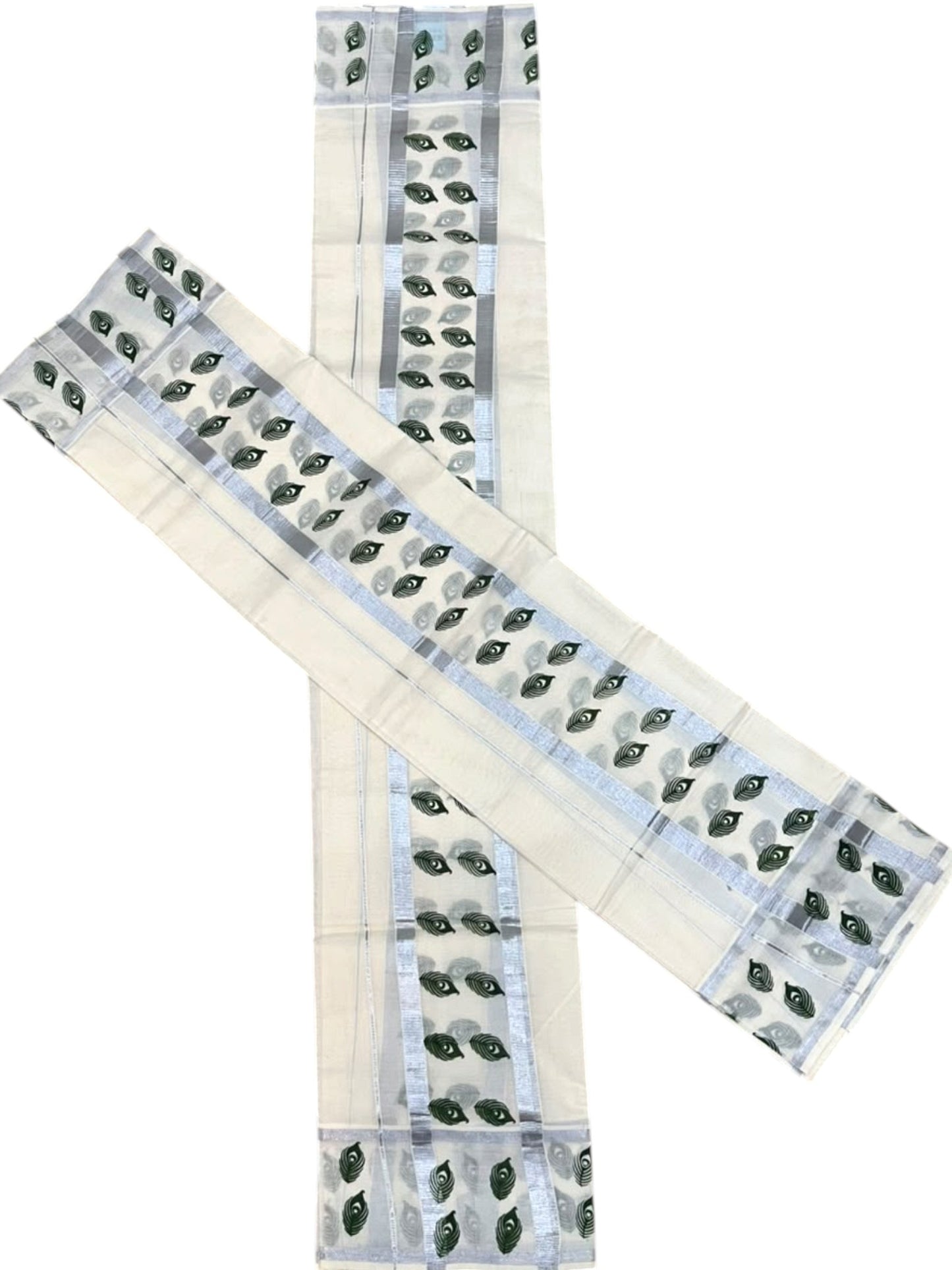 Southloom Pure Cotton Kerala Single Set Mundu (Mundum Neriyathum) with Green Printed And Silver Border 2.80 Mtrs