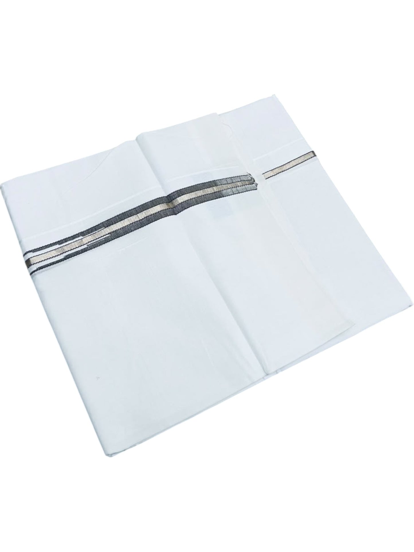 Southloom Pure White Cotton Double Mundu with Silver and Black Chutti Kara (South Indian Dhoti)