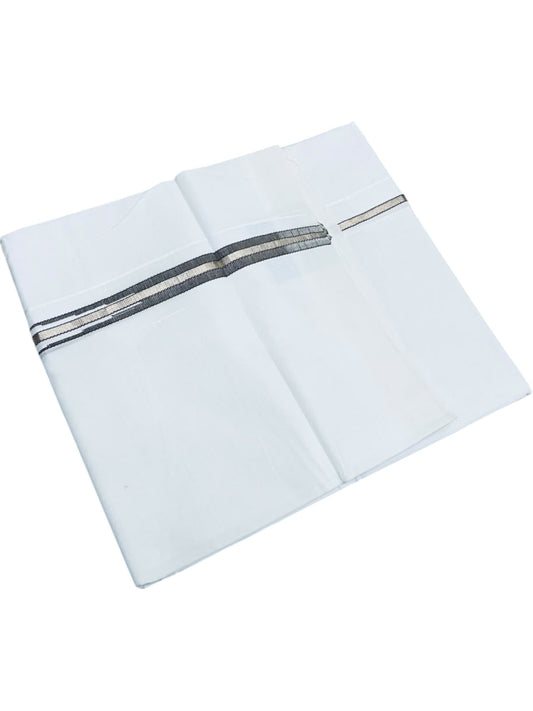 Southloom Pure White Cotton Double Mundu with Silver and Black Chutti Kara (South Indian Dhoti)