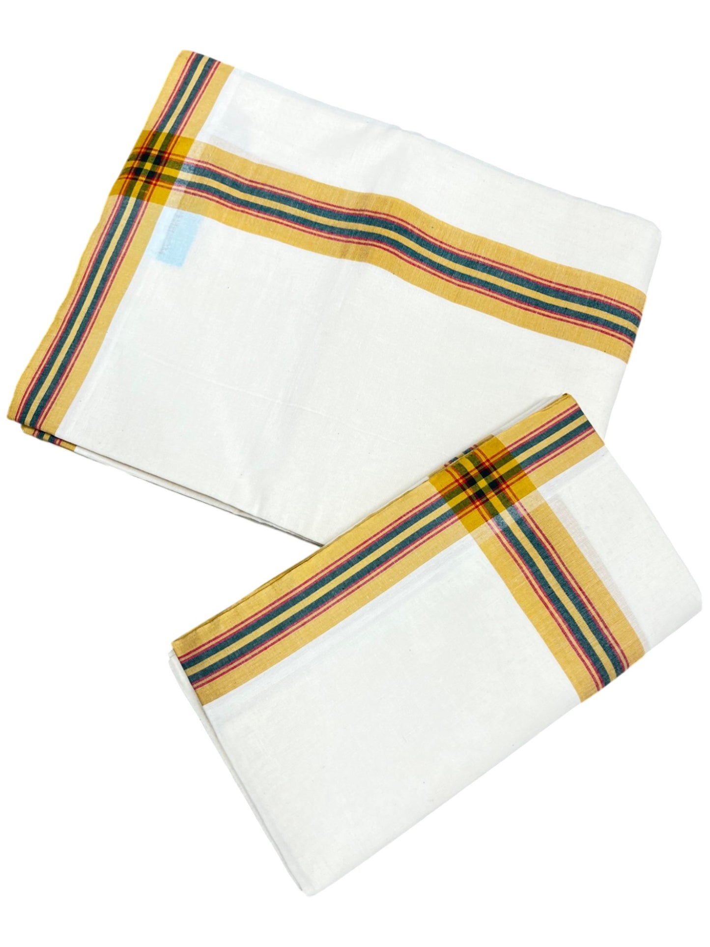 Southloom Pure Cotton Kerala Single Mulloth Set Mundu (Mundum Neriyathum) Mustard Yellow And Green Border in 2.80 mtrs SL243