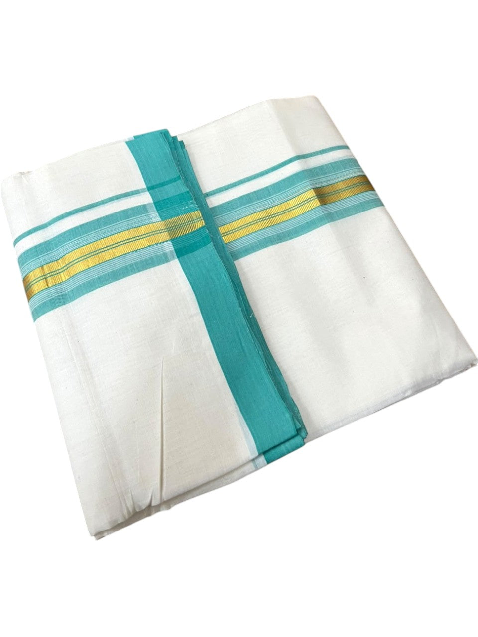 Southloom Balaramapuram Unakkupaavu Premium Handloom Cotton Double Mundu with Gold Kasavu and Turquoise Border