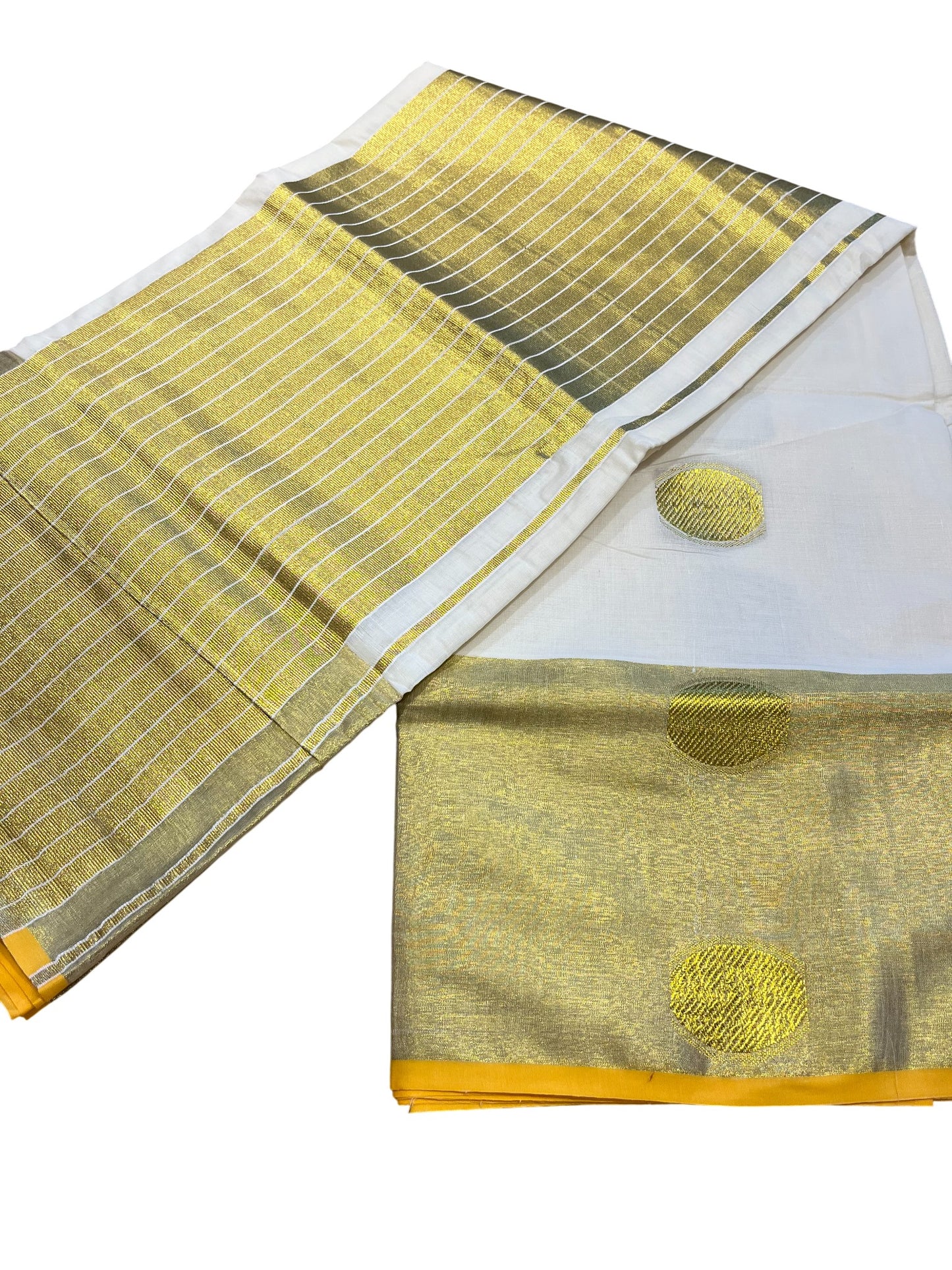 Southloom Cotton Kasavu Saree with Polka Woven Butta Works Across Body