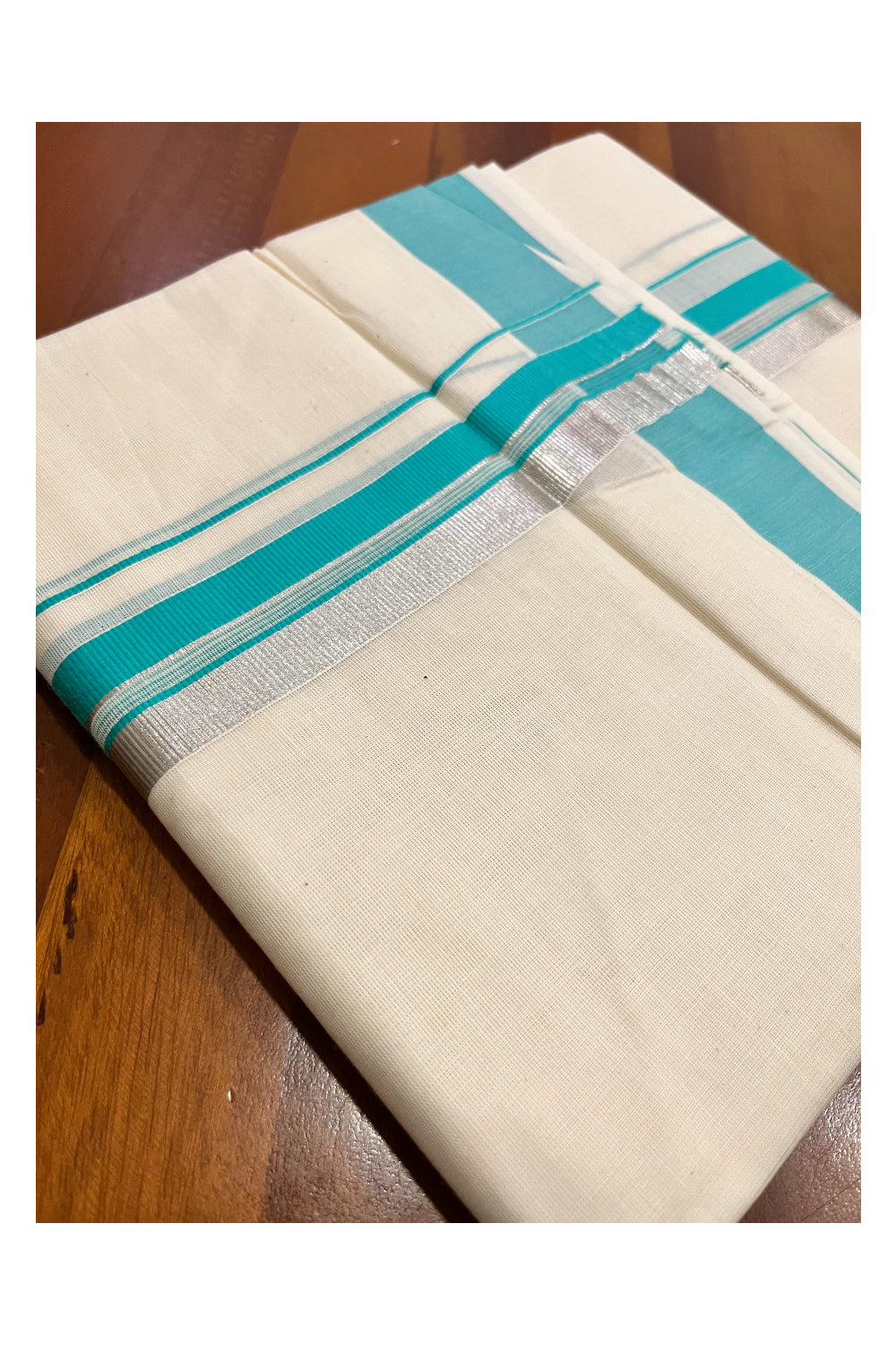 Pure Cotton Kerala Double Mundu with Turquoise and Silver Kasavu Kara (South Indian Kerala Dhoti)