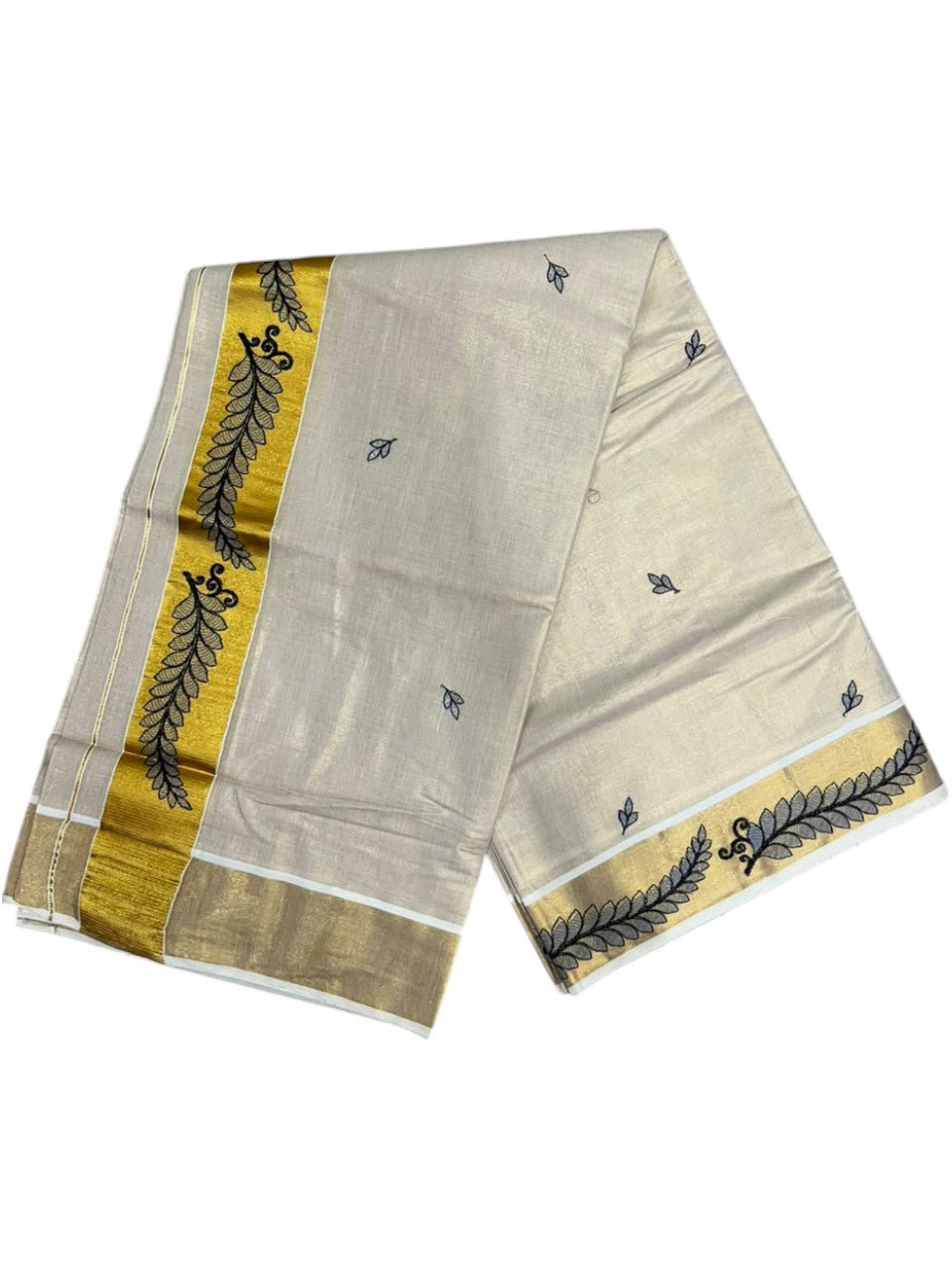 Southloom Tissue Kerala Kasavu Saree with Floral Embroidery Design On Border