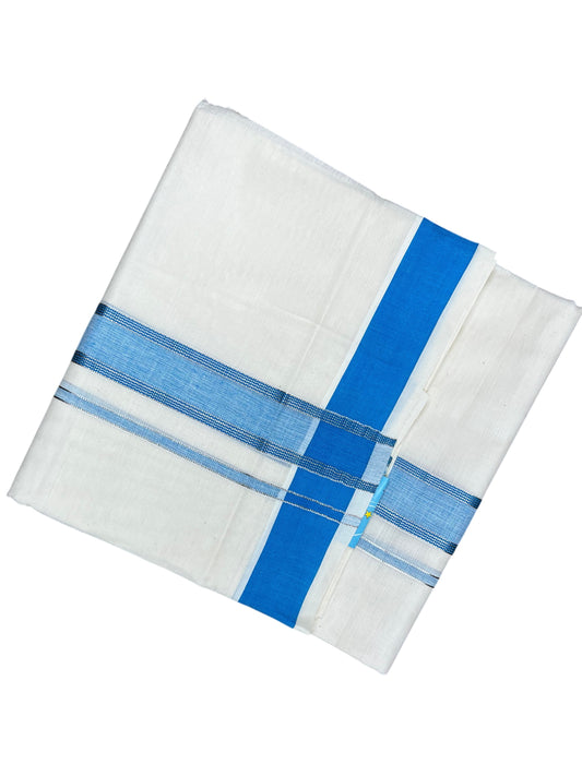 Southloom Kerala Pure Cotton Double Mundu with Silver Lines and Blue Border with (South Indian Dhoti)