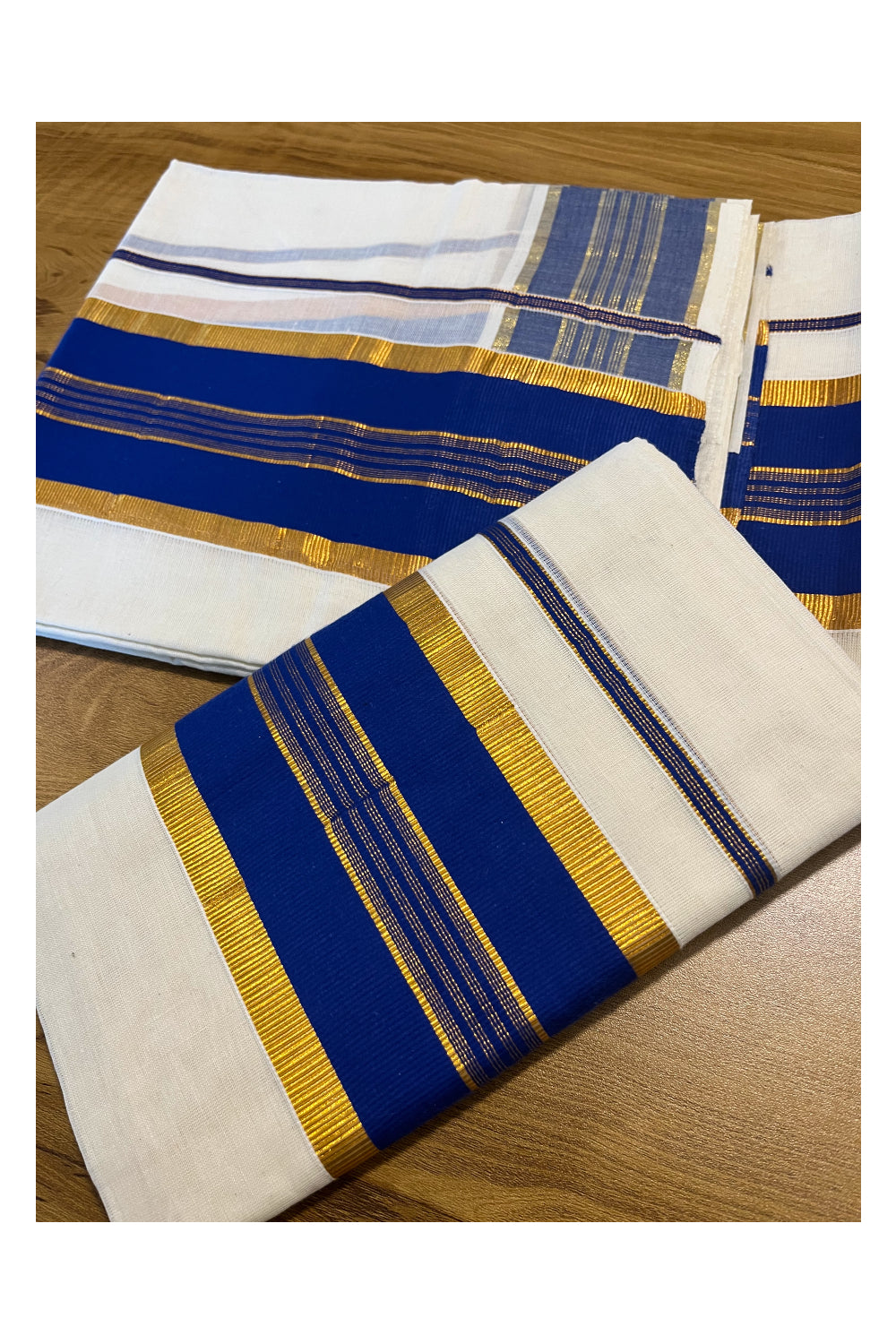 Kerala Cotton Set Mundu (Mundum Neriyathum) with Kasavu and Blue Border