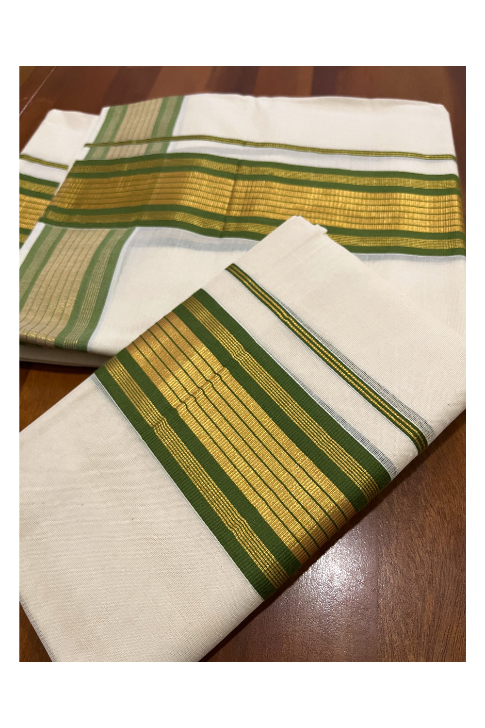 Pure Cotton Mundum Neriyathum Double (Set Mundu) with Green and Kasavu Border 2.80 Mtrs