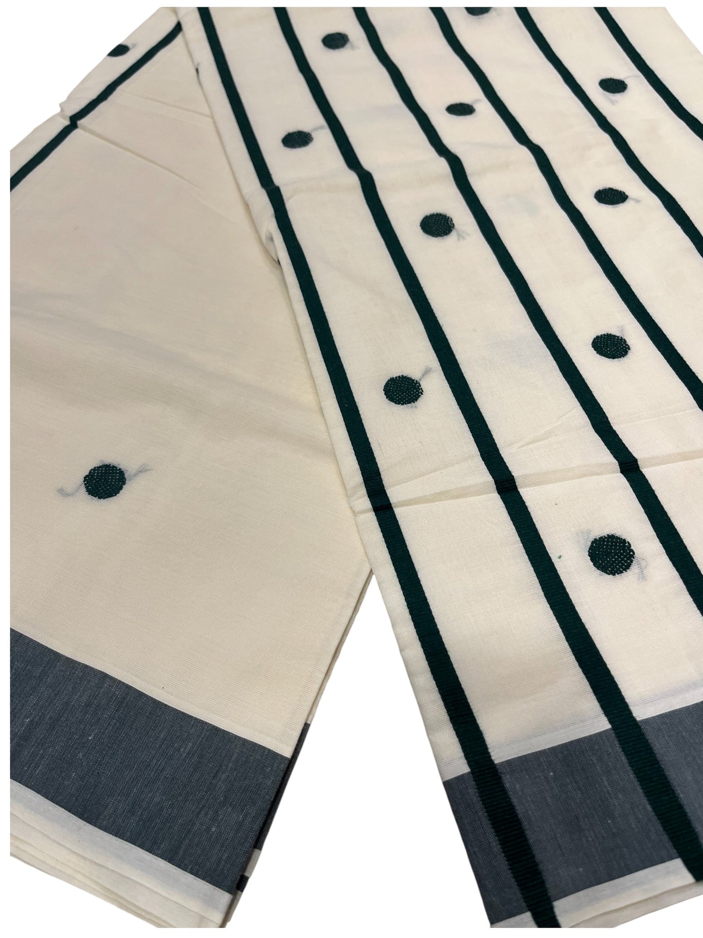 Southloom Kerala Pure Cotton Saree with Green Polka Embroidery Works on Body