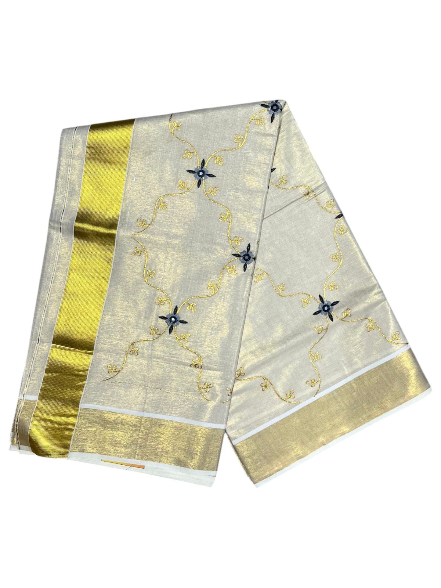Southloom Tissue Kerala Kasavu Plain Saree with  Embroidery Designs on Body
