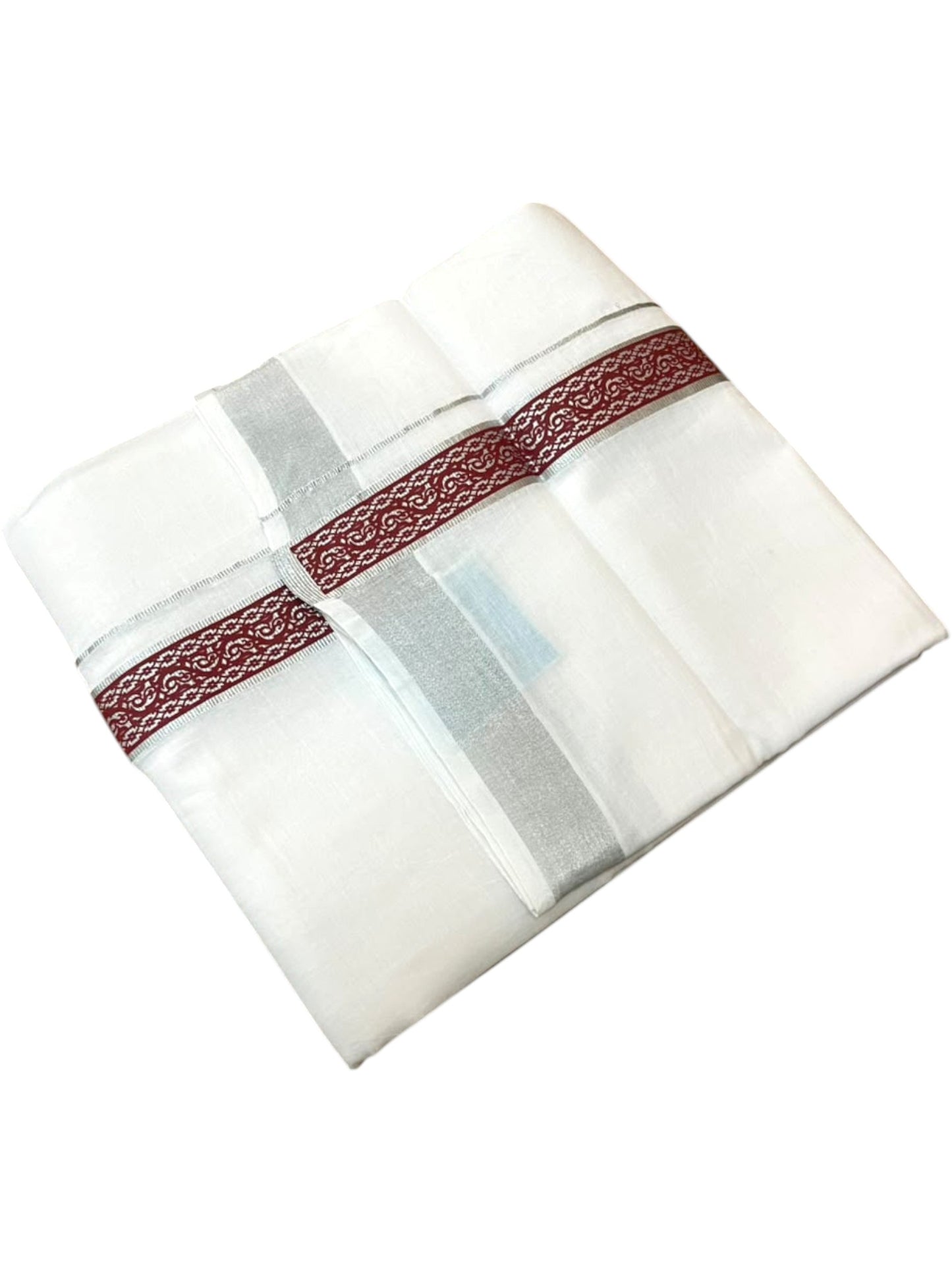 Southloom Pure White Cotton Mundu with Brick Red and Silver Kasavu Border (South Indian Kerala Dhoti)