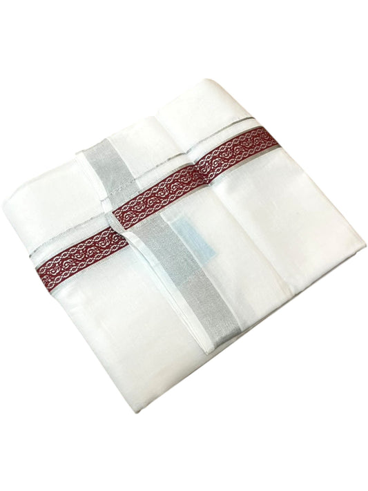 Southloom Pure White Cotton Mundu with Brick Red and Silver Kasavu Border (South Indian Kerala Dhoti)