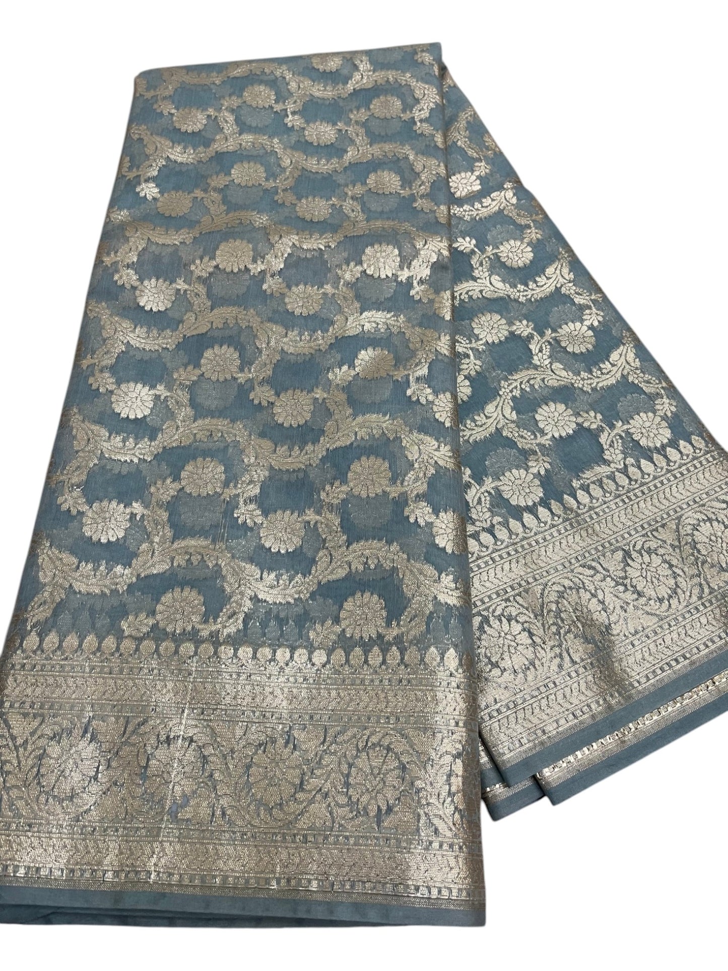 Southloom Cotton Banarasi Silk Saree with Woven Work on Body and Borders (Gray)