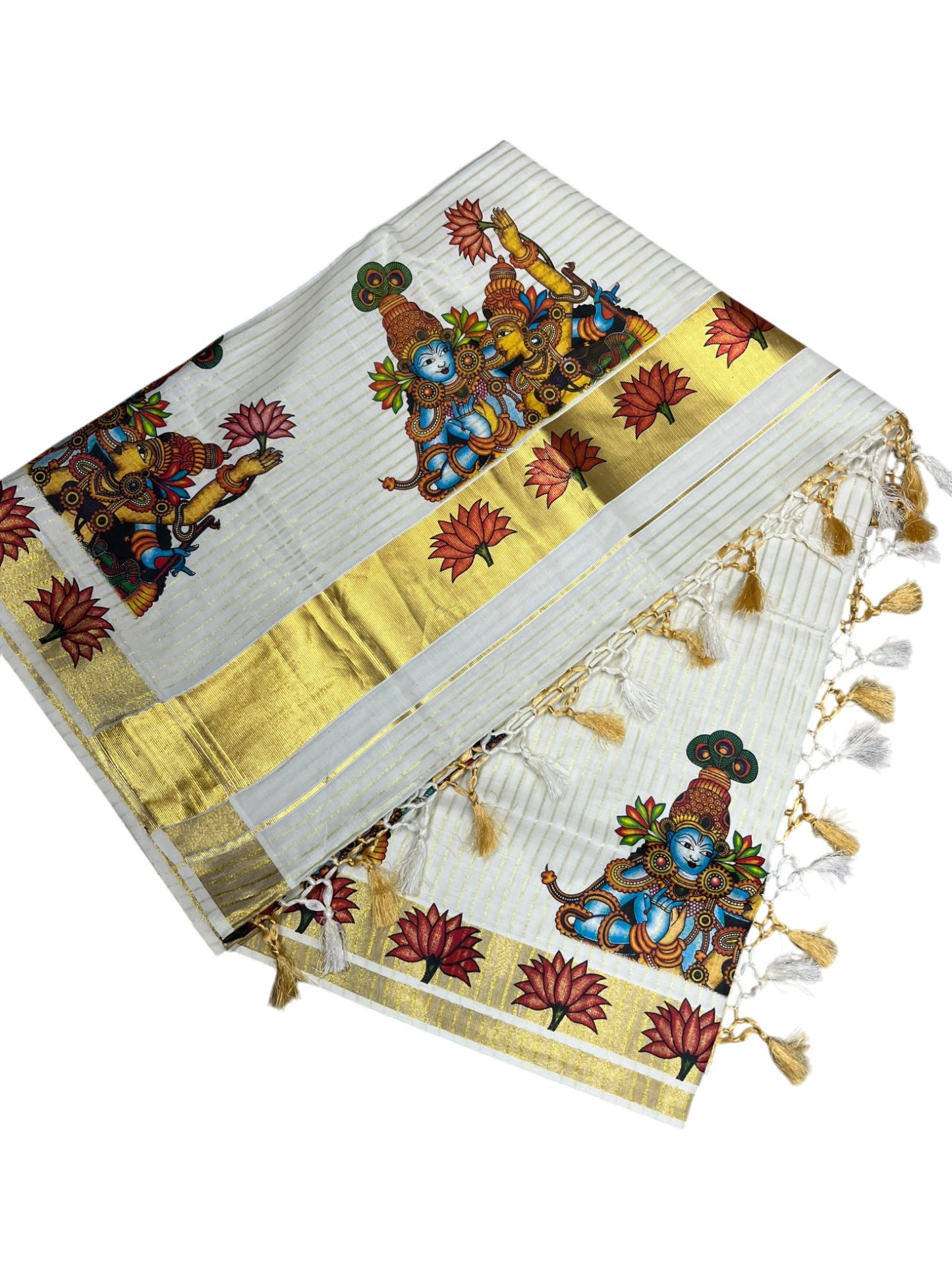 Southloom Pure Cotton Kerala Kasavu Lines Saree with Krishna Radha Mural Printed Art Design and Printed Border