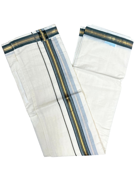 Southloom Kerala Cotton Velcro Mundu with Gold Lines and Green Border (South Indian Kerala Dhoti) in 4 mtrs