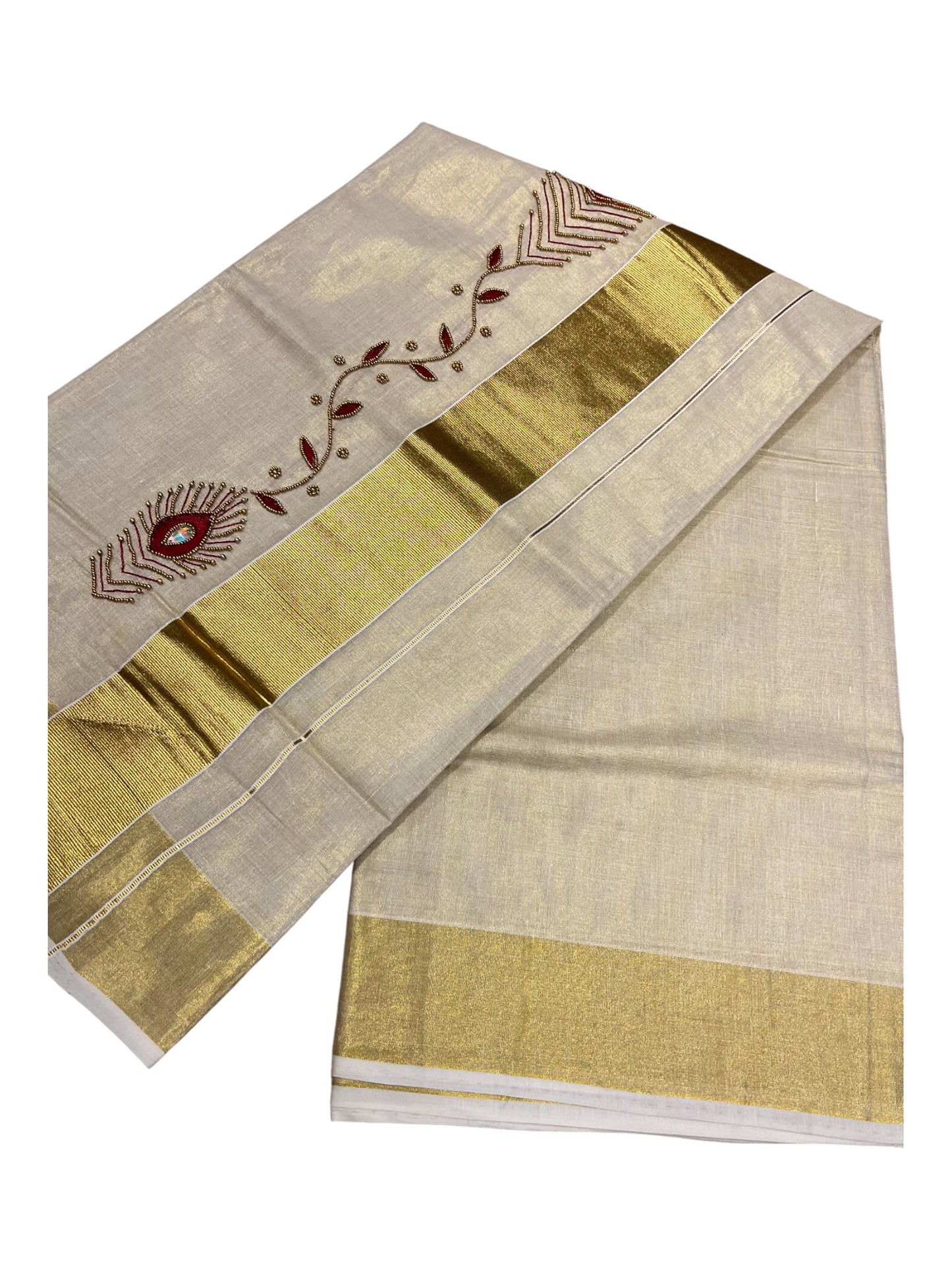Kerala Tissue Kasavu Saree with Floral Embroidery and Sequins Work on Body