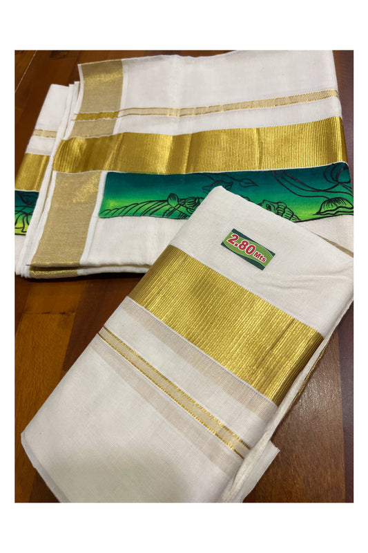 Kerala Cotton Single Set Mundu (Mundum Neriyathum) with Hand Painted Designs with Kasavu Border 2.80 Mtrs