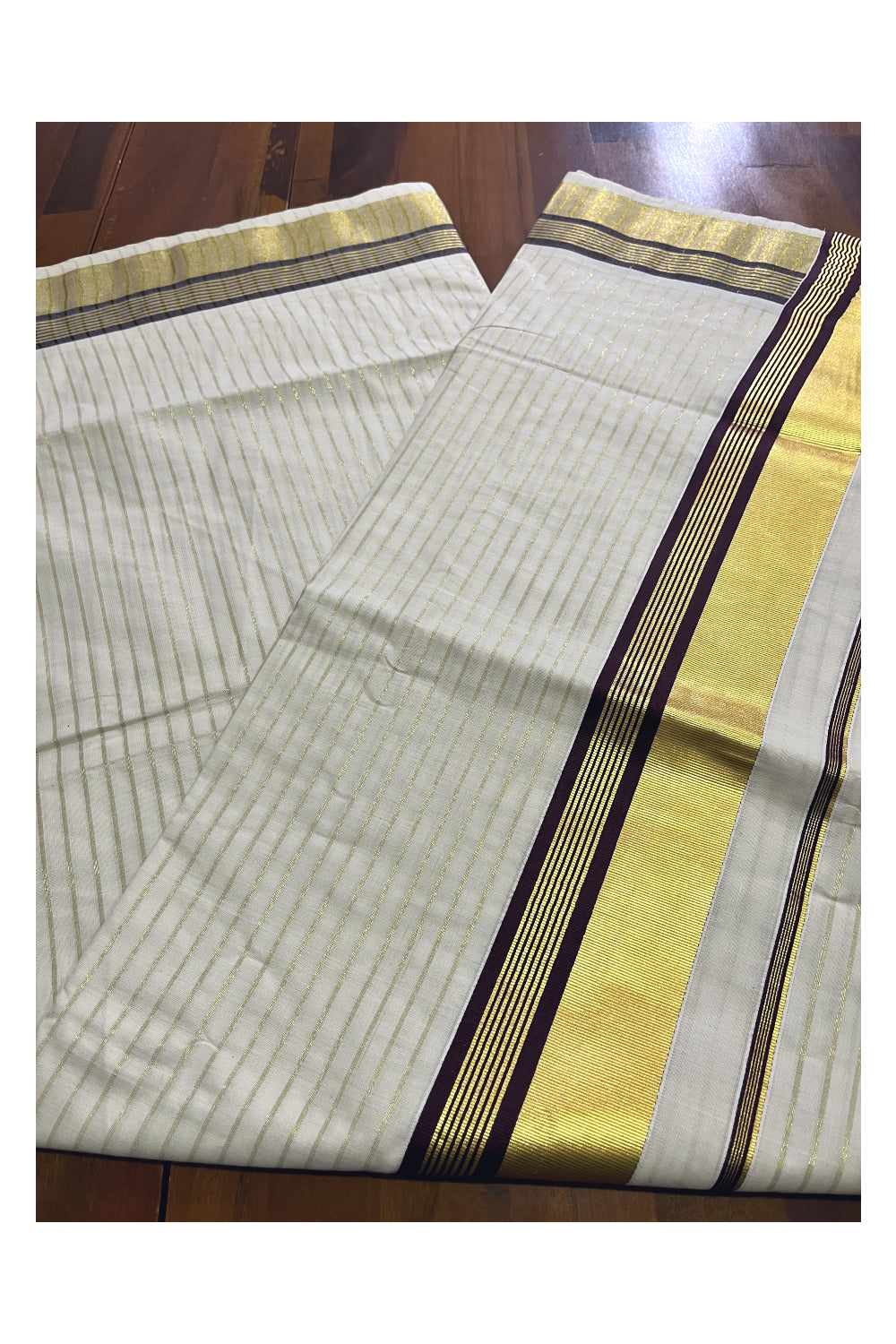 Pure Cotton Kerala Kasavu Lines Design Saree with Brown Border