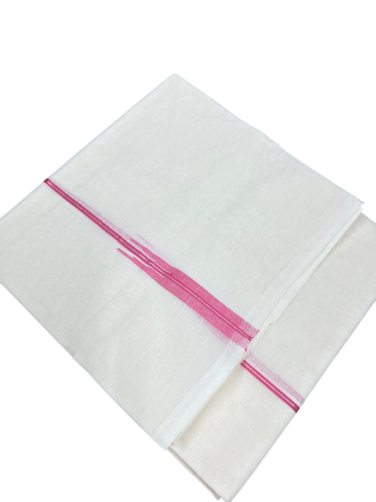 Kerala Pure Cotton Double Mundu with Silver And Pink Chutti Kara (South Indian Kerala Dhoti)