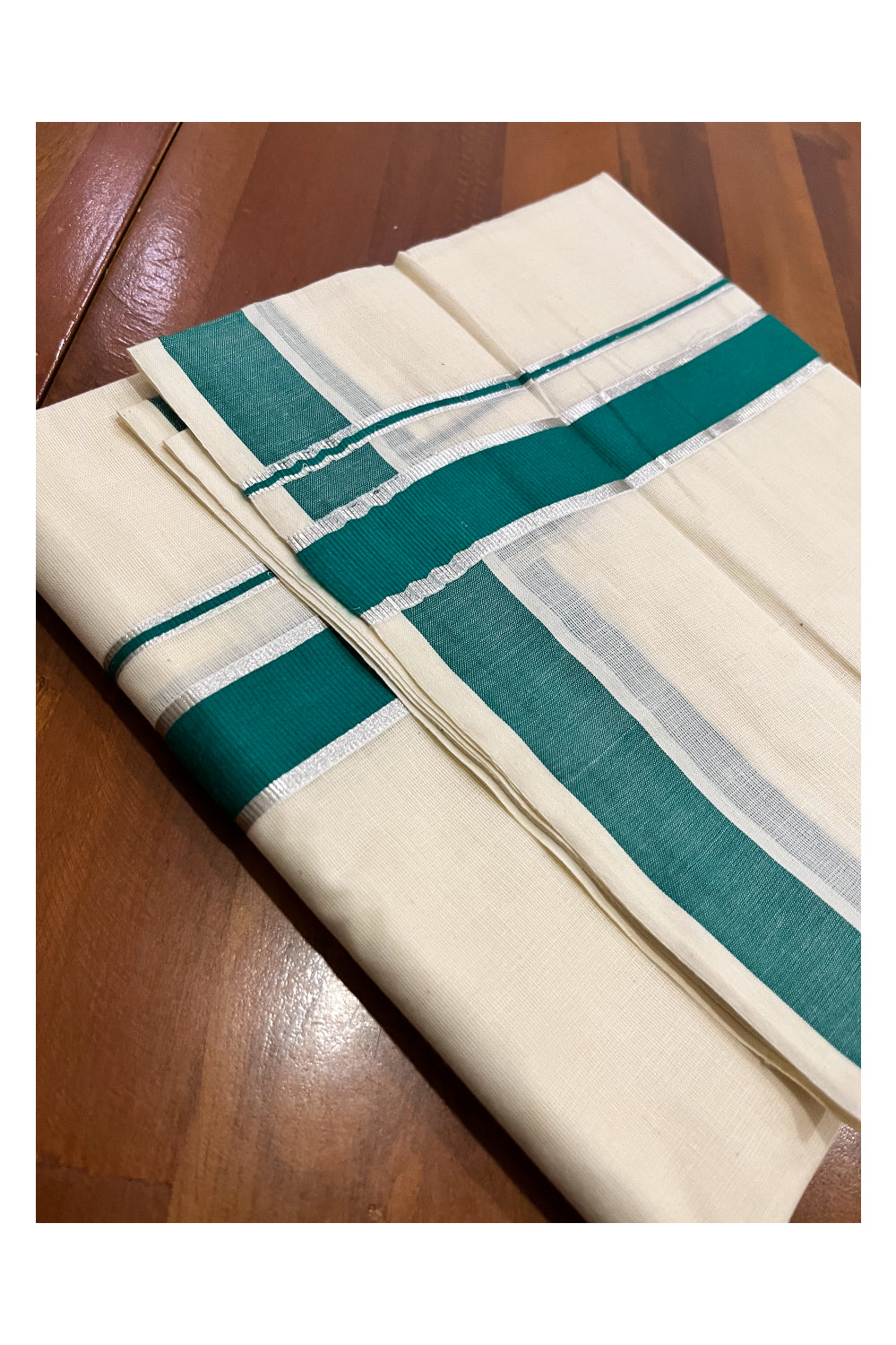 Pure Cotton Double Mundu with Silver Kasavu and Green Kara (South Indian Kerala Dhoti)