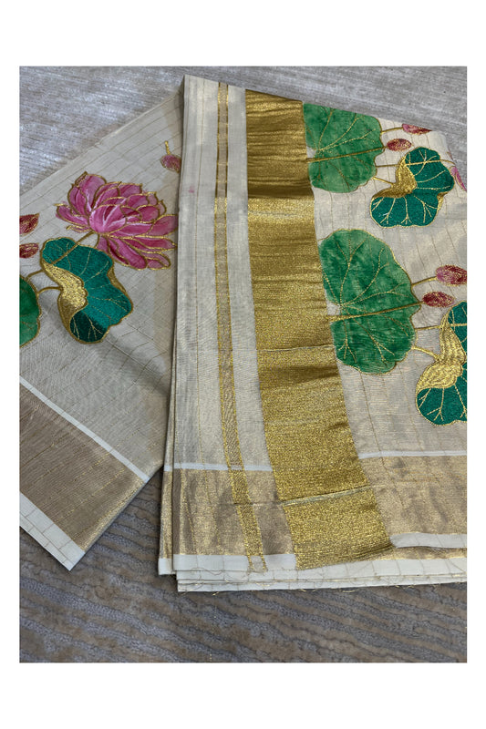 Southloom Tissue Kerala Kasavu Saree with Hand Painted Embroidery Lotus Design